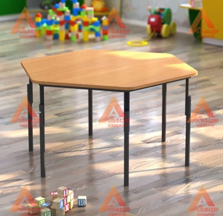 дитячий стіл, стіл для дитячого садка, стіл для дошкільних закладів, шестикутний стіл, дитячі меблі, стіл для дітей, стіл з металевим каркасом, стіл з ДСП, стіл з ПВХ кромкою, стіл бук, стіл дуб сонома, стіл вільха, стіл яблуня локарно, регульований дитяч