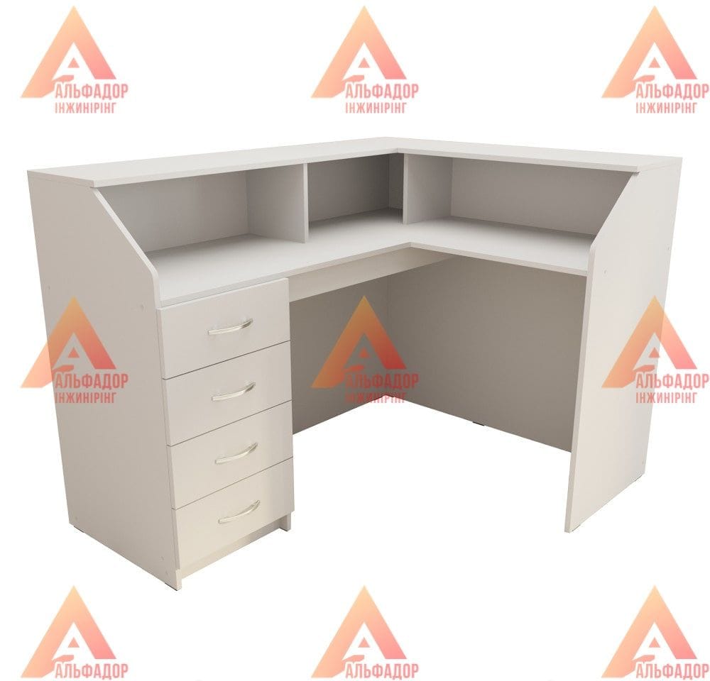  кутовий ресепшен - ресепшен з ДСП - меблі для рецепції - ресепшен для офісу - ресепшен для салону краси - ресепшен на замовлення - офісні меблі - ресепшен з ящиками - ресепшен з ПВХ-кромкою - меблі для адміністратора - стійка ресепшен