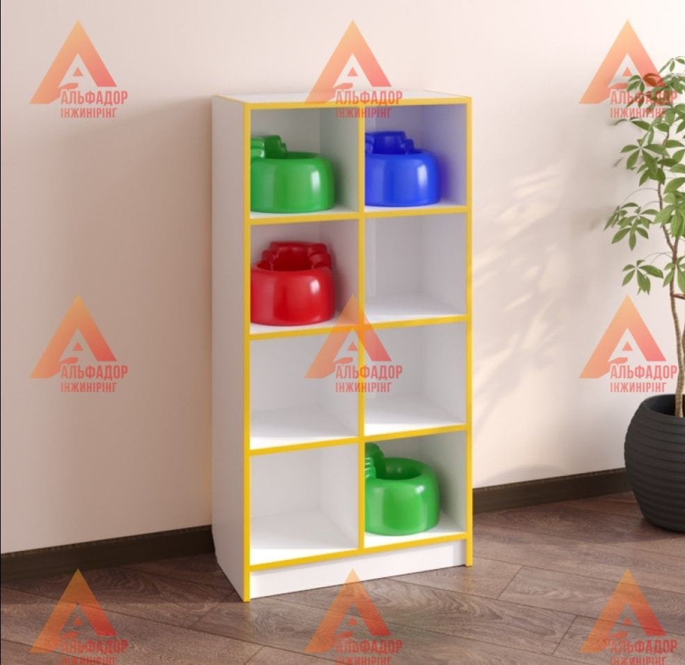 шафа для горщиків, дитяча шафа з ДСП, меблі для дитячого садка, санітарна шафа для ясельної групи, купити шафу для горщиків, екологічна шафа для садочка, шафа для зберігання горщиків, дитячі меблі з ДСП